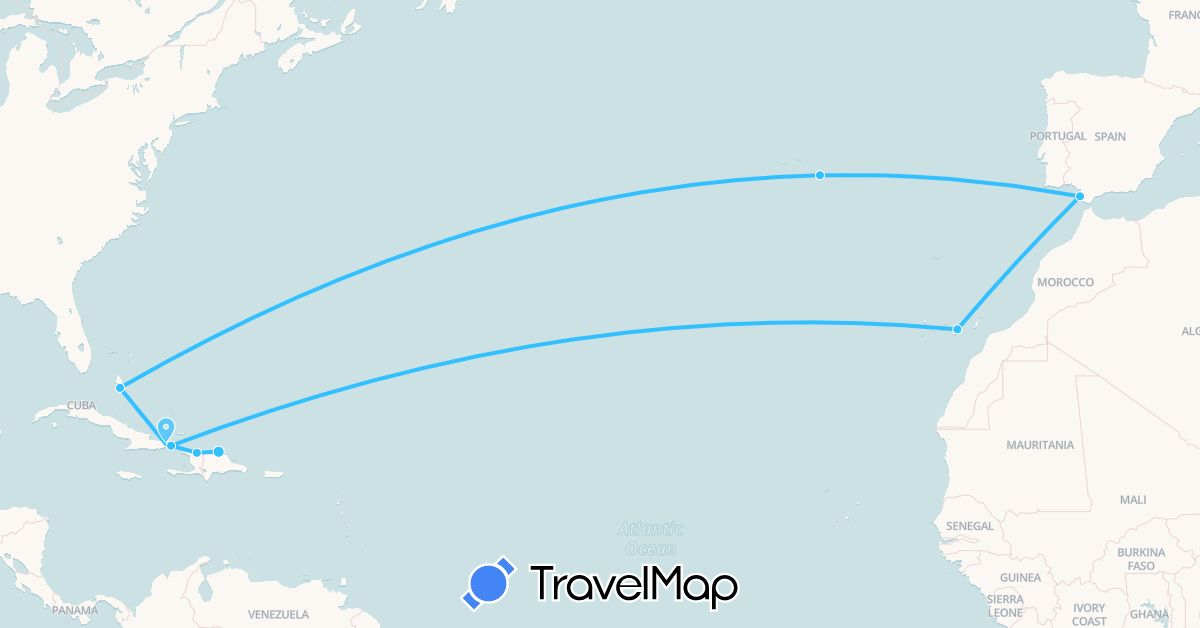 TravelMap itinerary: boat in Bahamas, Cuba, Dominican Republic, Spain, Haiti, Portugal (Europe, North America)
